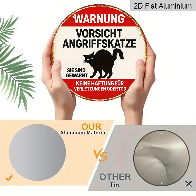 2D Flat, 1pc 7.87*7.87 Inch Round French Aluminum Sign, Retro Decorative Plaque about "Beware of Attacking Cat", "Cat Warning" Decorative Sign