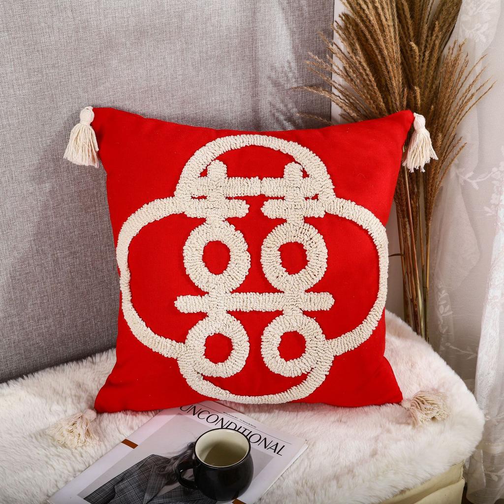 New Chinese Embroidery Wedding Happy Words New Year Pillow Sofa Cushion Cushion National Trend Wedding Festive Pillow Cover