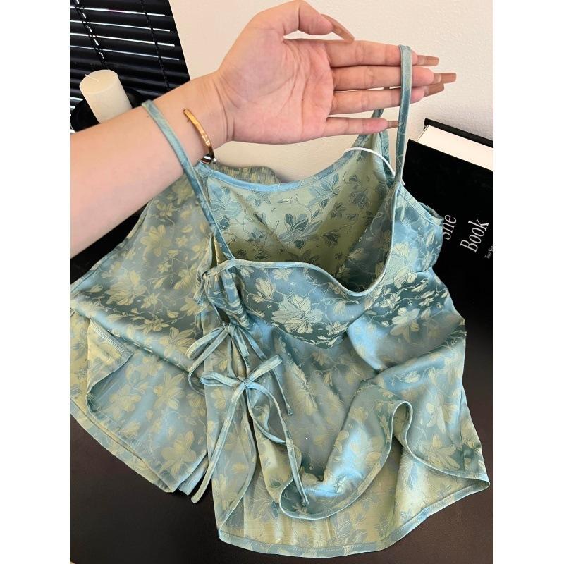 New Chinese high-end jacquard ice silk pajamas women's new summer suspender trousers loungewear skin-friendly and comfortable set