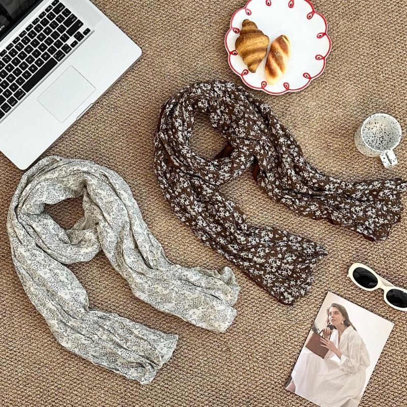 Scarf new versatile literary floral retro pleated cotton and linen scarf versatile women's silk scarf scarf shawl