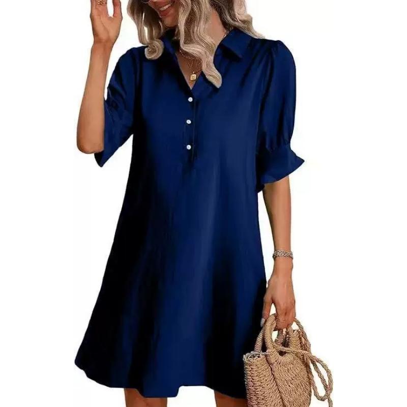 Women's Spring Autumn Casual Loose Solid Color Shirt Dress, Lapel Collar Short Sleeve Button Down A-Line Mini Daily Wear Dress