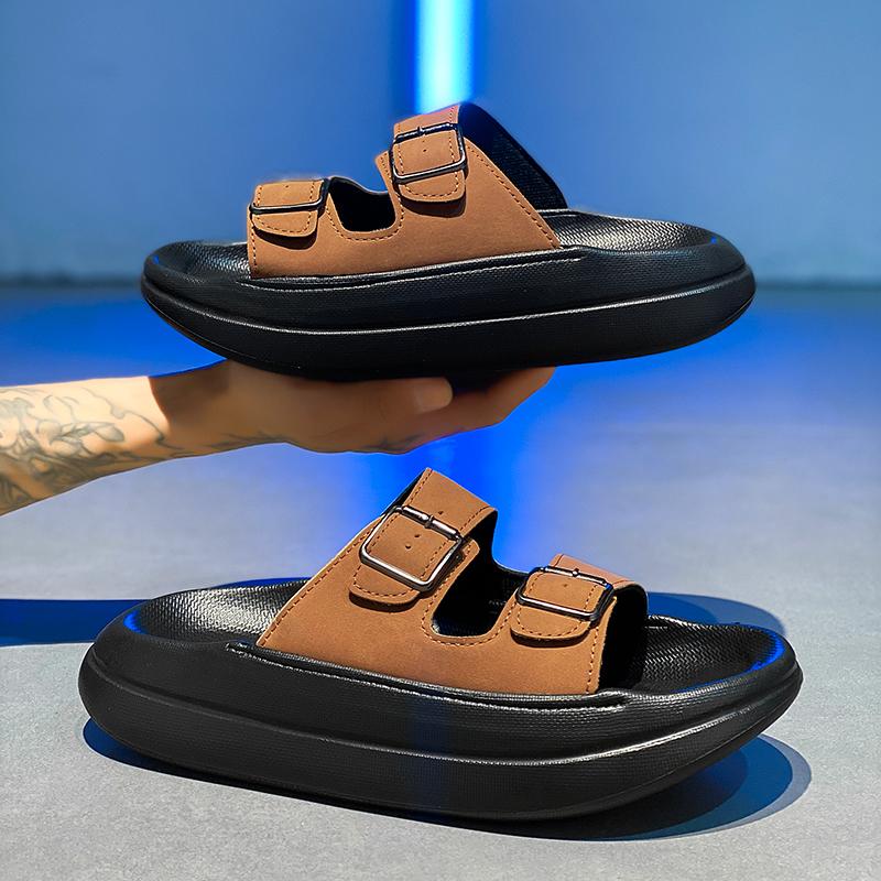 Fashion Men's Microfiber Leather Slippers for External Wear Anti Slip and Cool Slippers Men's Double Button Flat Drag Beach Shoes