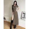 Female Retro Wasteland Style Design Hooded Dress Feminine Temperament Pleated Slim High Slit Spicy Girl