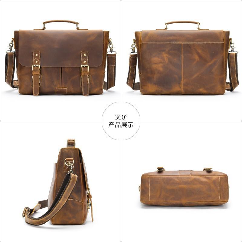 Crazy Horse Leather Business Briefcase High-end Minimalist Mailman Bag Genuine Retro Laptop
