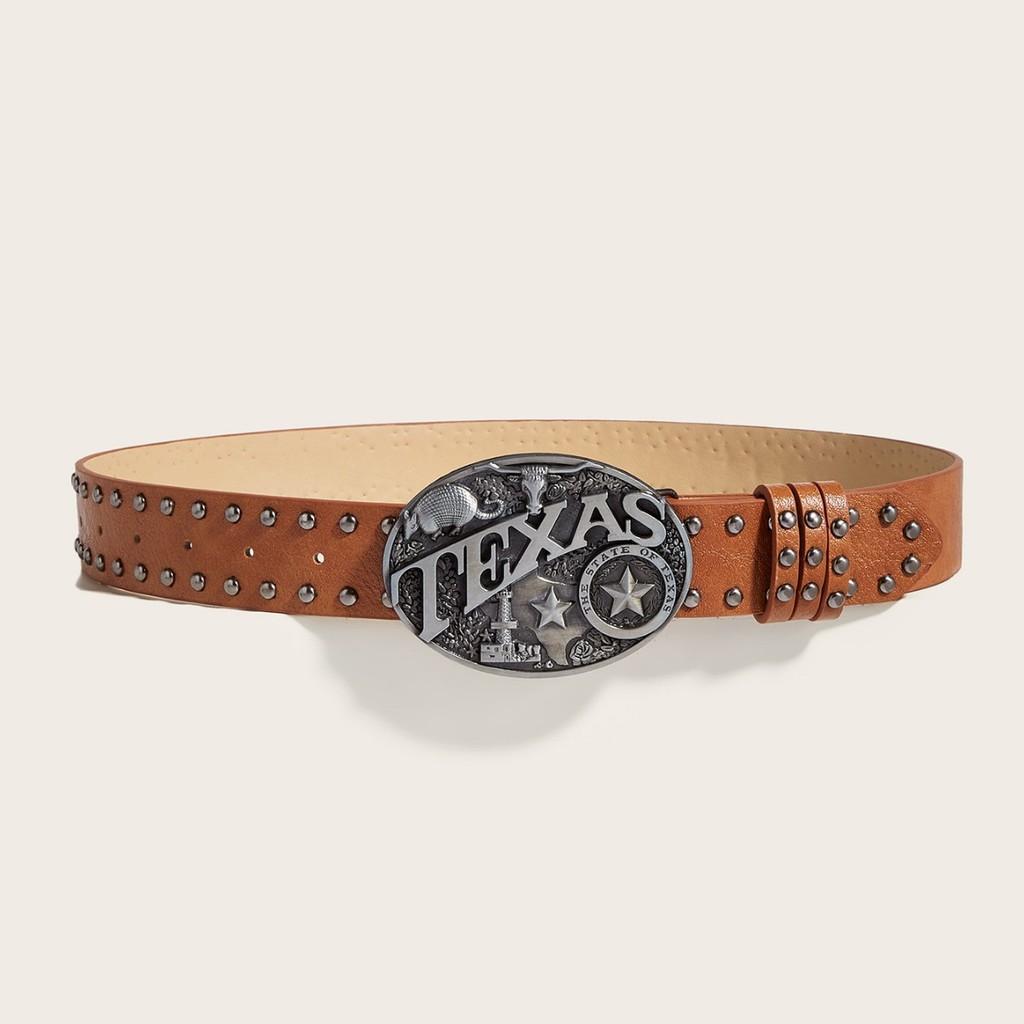 Leather Belt Punk With Hollow Rivet Decor And Letter Design Circular Buckle