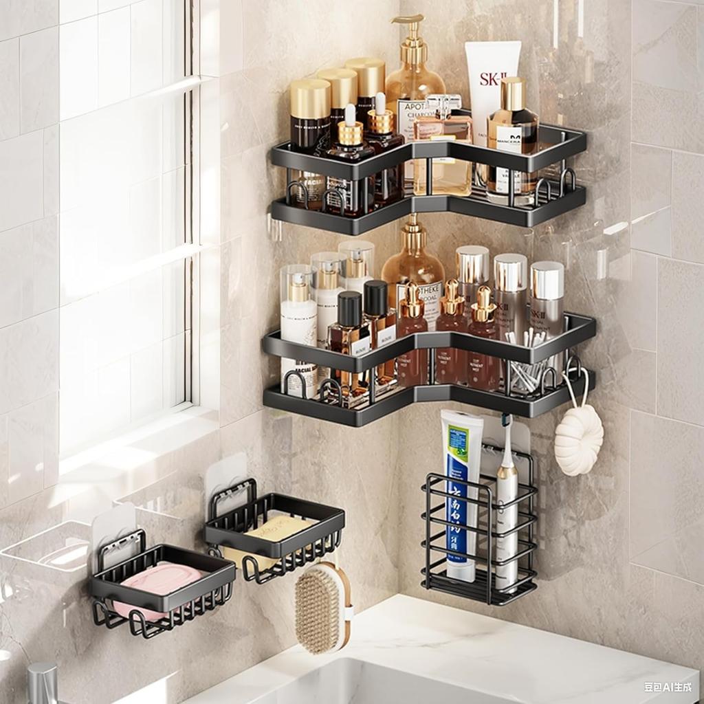 5-Pack Adhesive Shower Caddy - Rustproof Stainless Steel Bath Organizer, No-Drill Installation & Large Capacity | With Soap Dish & Toothbrush Holder