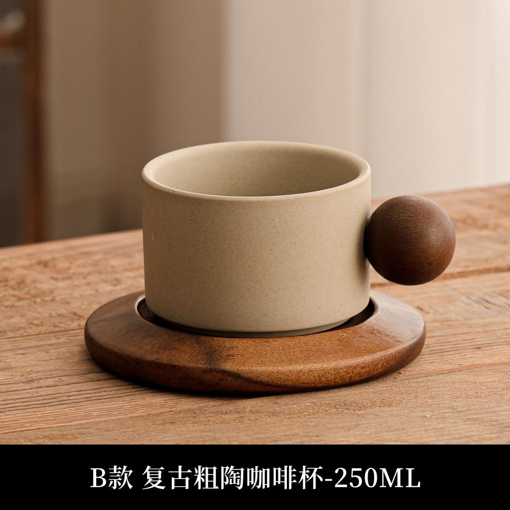Vintage Terracotta Mug Set with Wood Coaster, Floral Rustic Coffee Cup for Tea, Handmade Feel Gift for Her, Mom, Friend