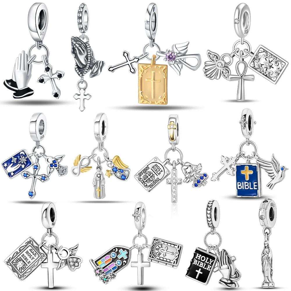 Original Charms Blue Cross Religious Winged Angel Gold Beads Fit Bracelet Copper Women Diy Fine Gift Accessory Set