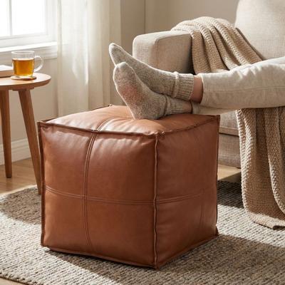 PU Leather Square Pouf Cover Waterproof Unstuffed Sofa Footstool Cover Large Capacity with Handle Ottoman Cover Home Decor