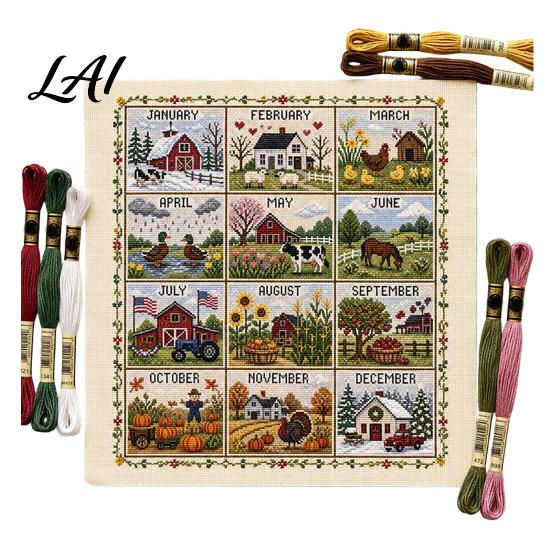 Farmhouse Style Embroidery Decor 12-Month Cross Stitch Kit DIY Four Seasons Seasonal Gift Idea for Enthusiasts Stamped Stitching Craft Set Beginners,