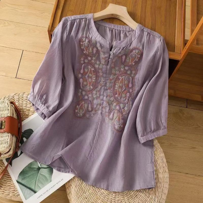 women ethnic embroidery linen blend blouse stand collar three quarter sleeve casual loose fit top