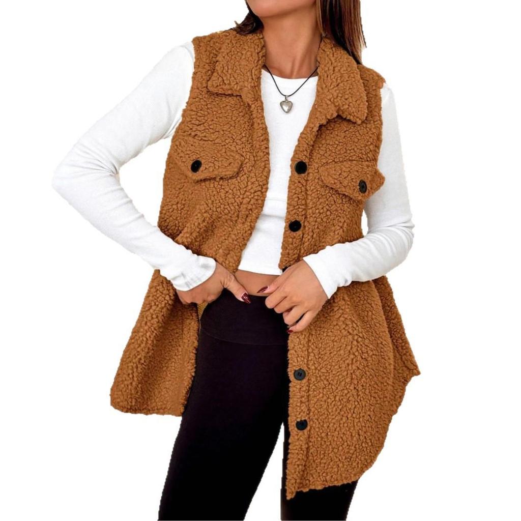 In-Stock Women's Fall/Winter Lapel Button-Up Plush Faux Lambswool Vest Coat - Loose Commuting Style