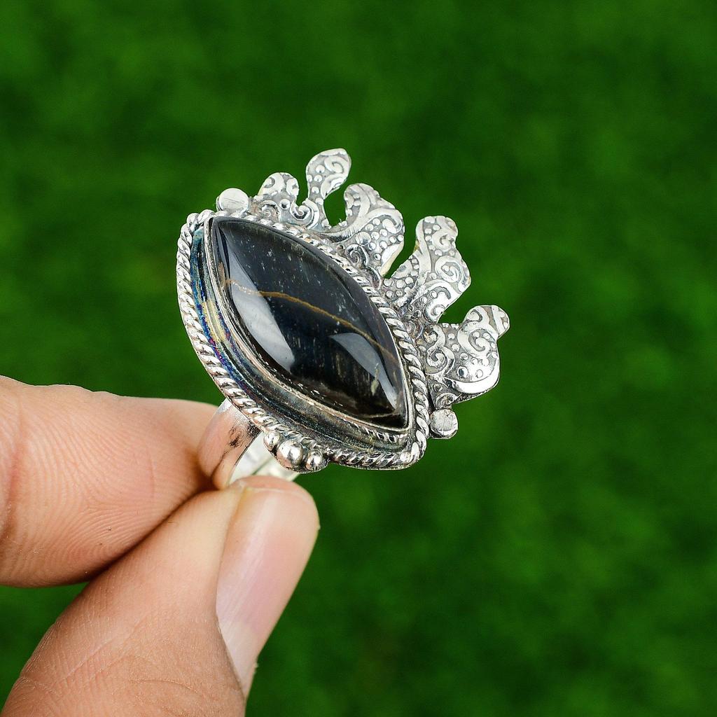 Natural Pietersite Gemstone 925 Silver Statement Adjustable Ring For Girls
