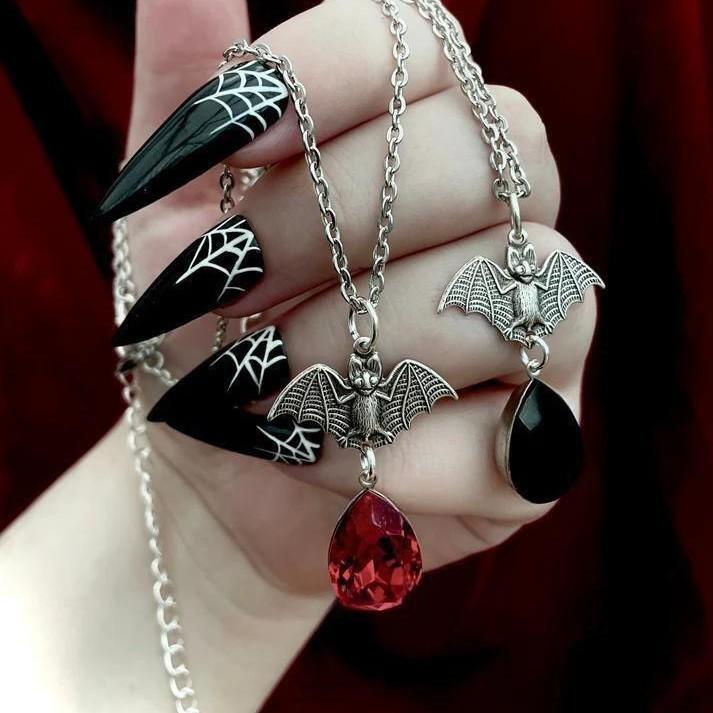 Gothic Bat Necklace Blood Drop Pendant Stainless Steel With Cross Chain For Women