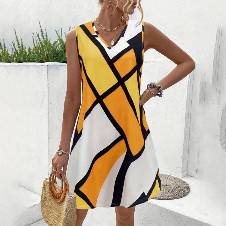 Women Slim Fit Sleeveless V-Neck Striped Vest Dress High Waist A-Line Spring Summer Seaside Vacation Dress S-XL