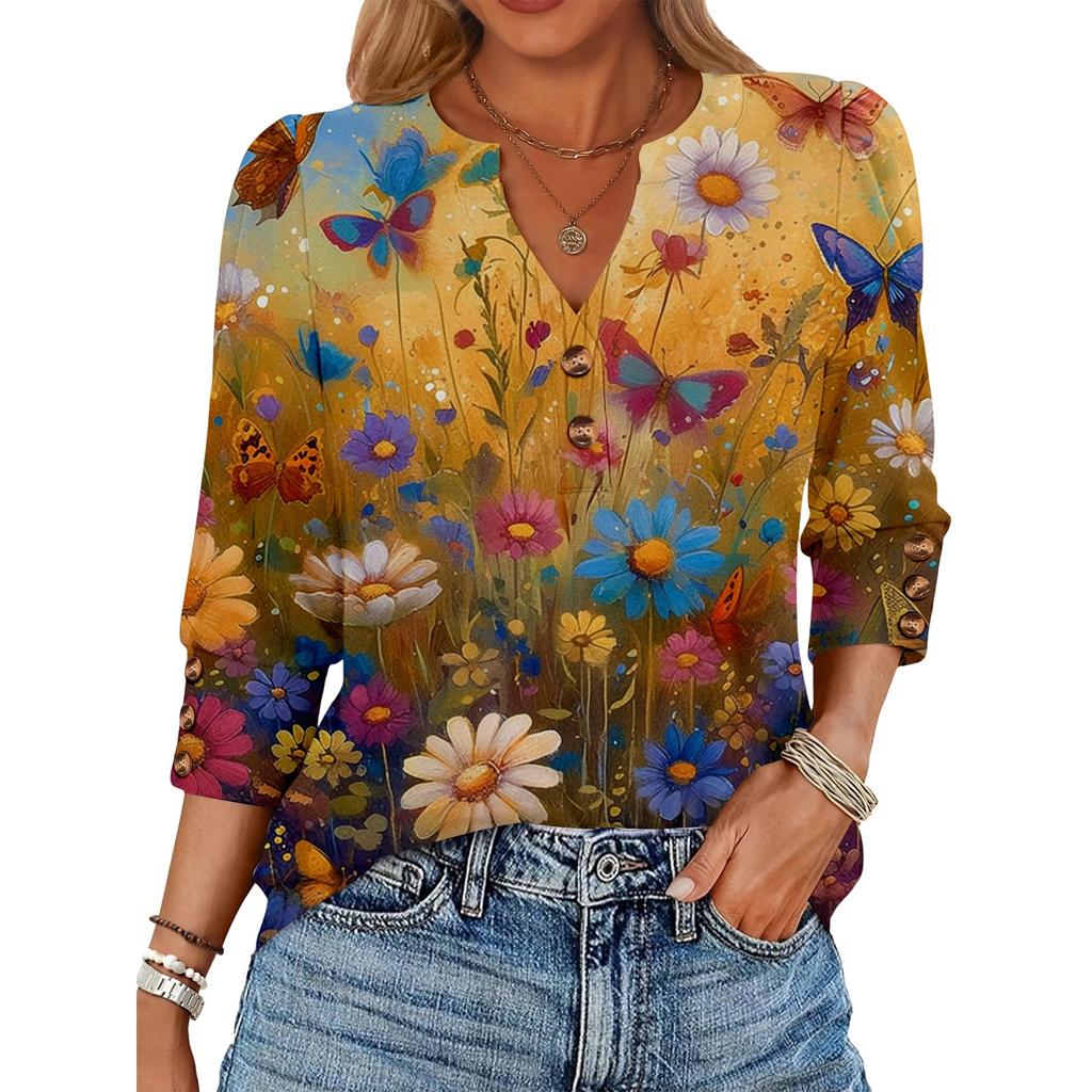 Women's Retro Printed Loose 7-inch Sleeve Top