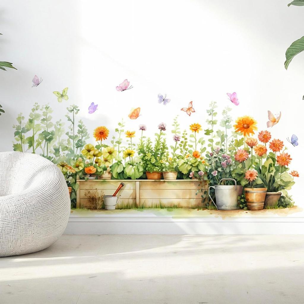 Watercolor Floral Butterfly Self-Adhesive Wall Stickers, Sunflower Potted Plant Garden Tool Decals for Living Room and Bedroom Decor