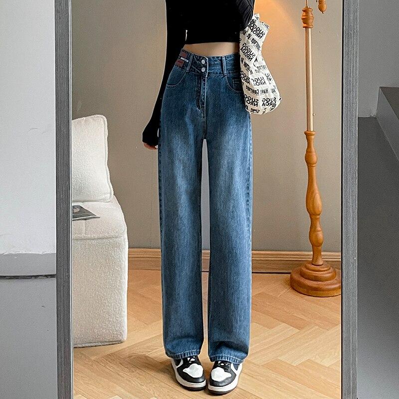 2022 Spring Autumn Korean Stytle Fashion Trend All-Match Wide-Leg Pants Jeans Stytle High Waist Loose Jeans Women's Straight