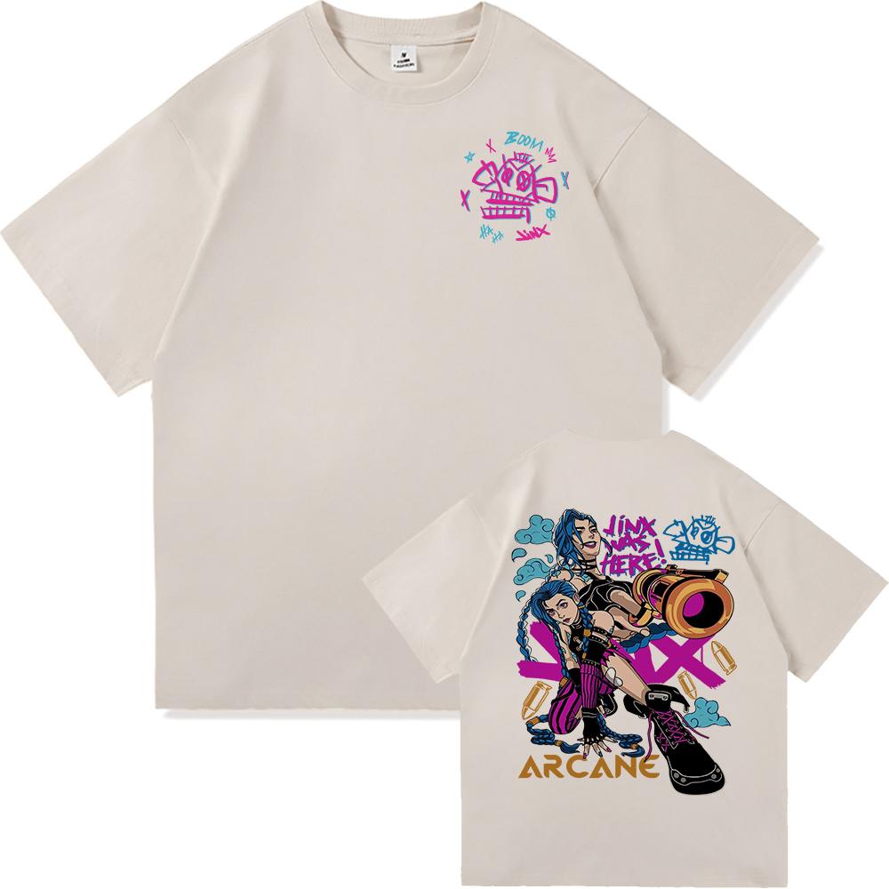 Arcane 2 T Shirts Fashion Men Harajuku Aesthetic Retro Anime Vi Jinx Tshirt Unisex High Quality Cartoon Vintage Cotton Tee Shirt