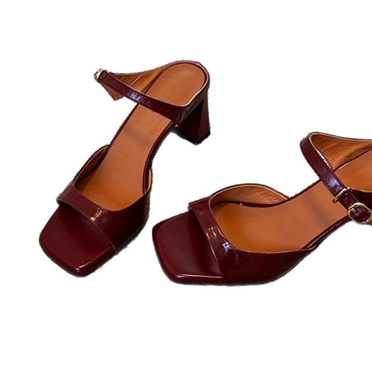 New thick medium heel sandals women's summer one-character open-toed square head ankle buckle strap women's fashion sandals versatile