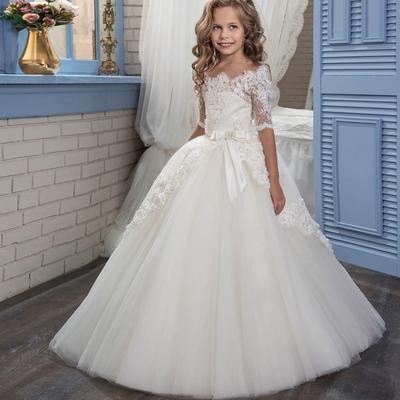 Girls Kids Lace Princess Dress Mesh Backless Long Sleeve Hollow Tutu Dress Party