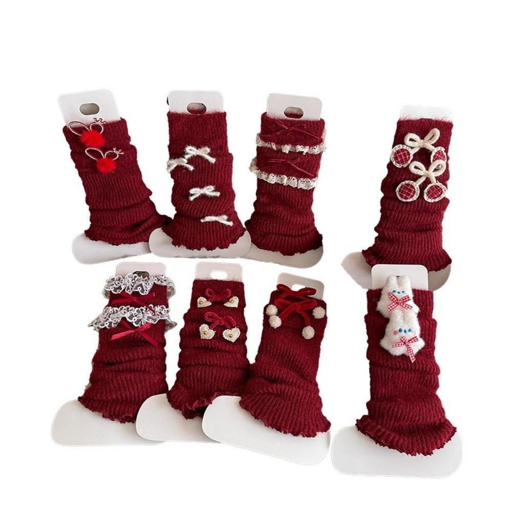 New Red Color Leg Warmers Thickened Bow Middle Tube Socks Harajuku Knitted Hosiery Autumn and Winter