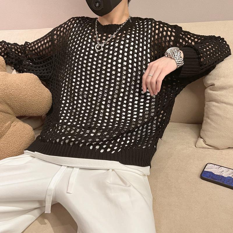 Men's Summer Knitwear: Trendy Long Sleeve Fishnet Cardigan for Sun Protection