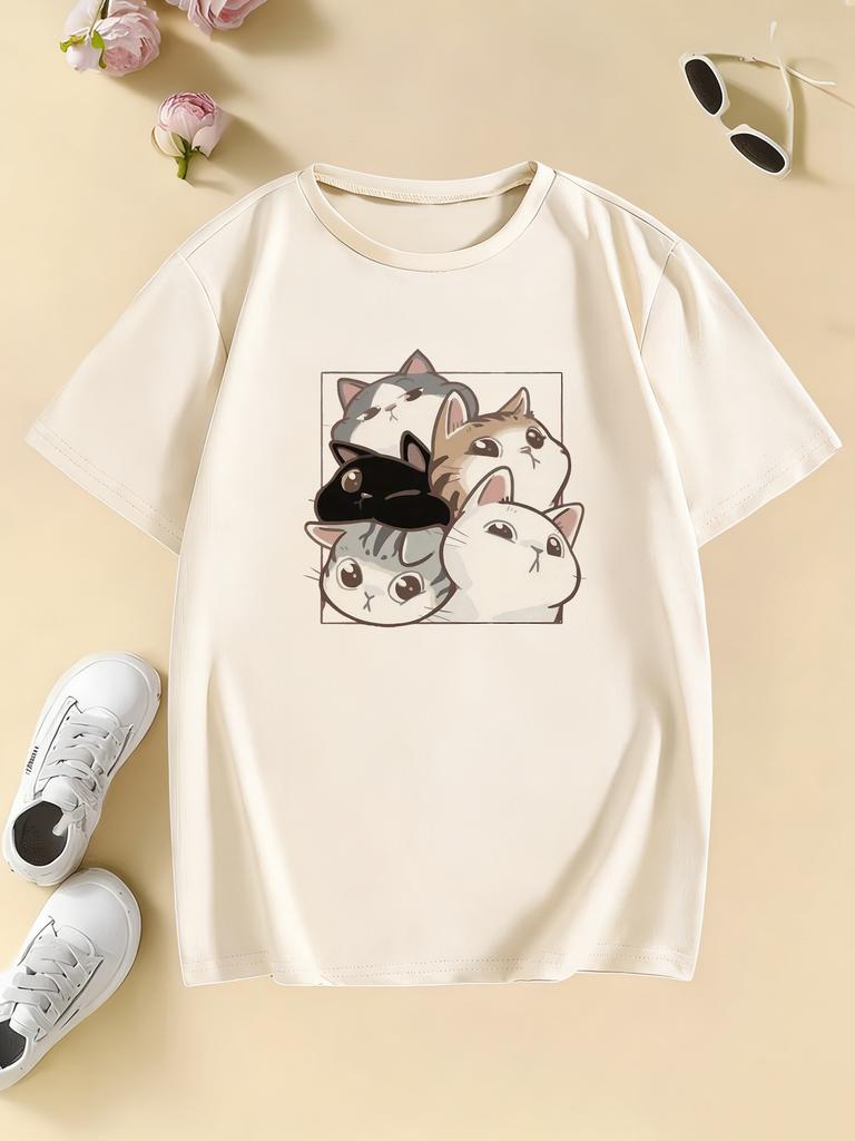 Y2K Cute Cat Graphic Kids Tshirts Summer Short Sleeve Tees Cartoon Animal Boys Girls Clothes Kawaii Kitten Tops Tshirt