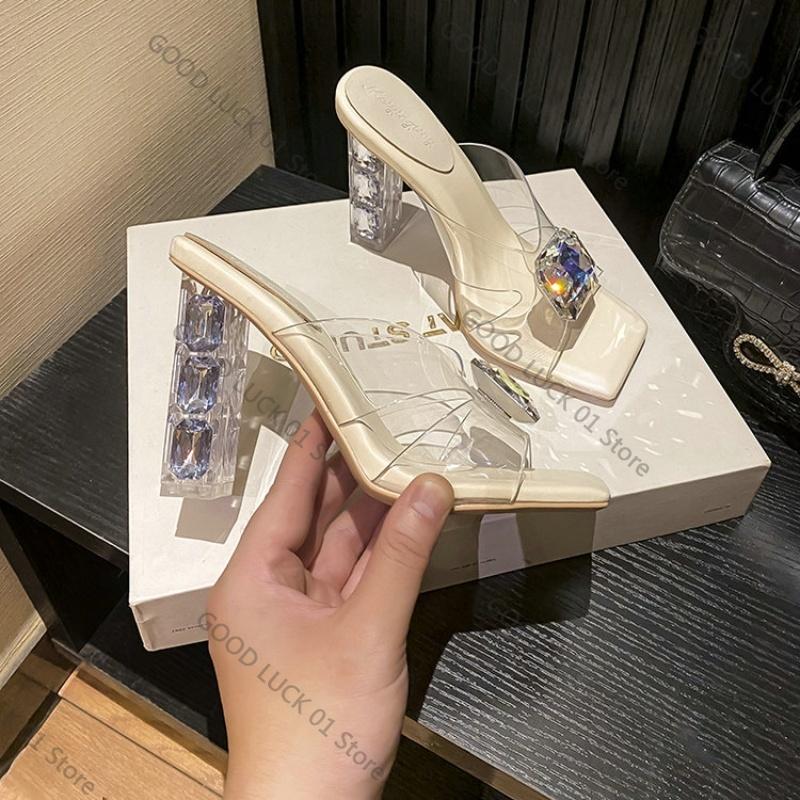 Fashion 2025 New PVC High Heels Transparent Strap Wrapped Head Slippers Female Fashion Sexy Shallow Mouth French Sandals