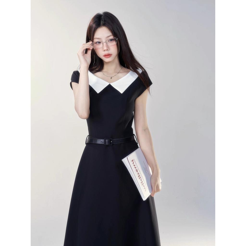 Black Collegiate Short-sleeve Dress for Women, New Summer Elegant, Waist-cinching, Slimming, French Long Skirt