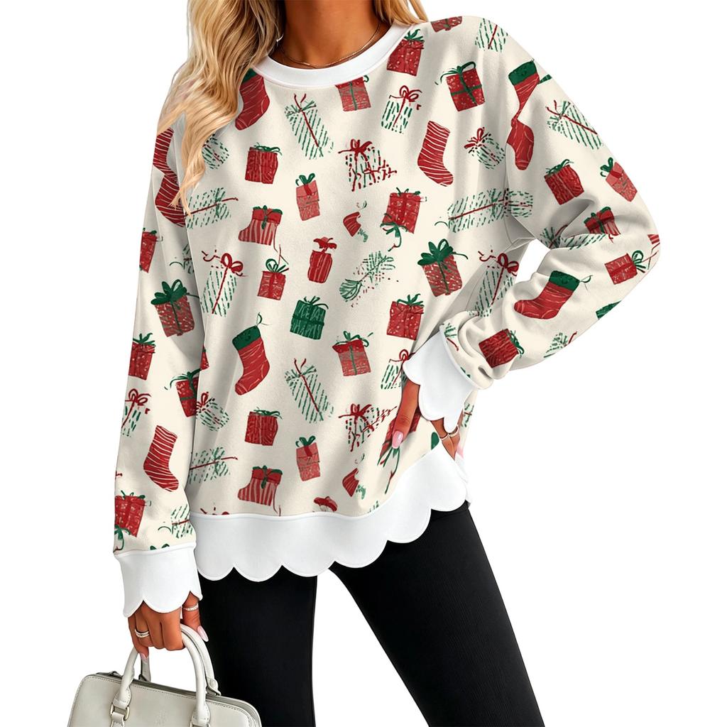 Women's Christmas Print Sweatshirt with Scalloped Wavy Hem and Neck for Holiday