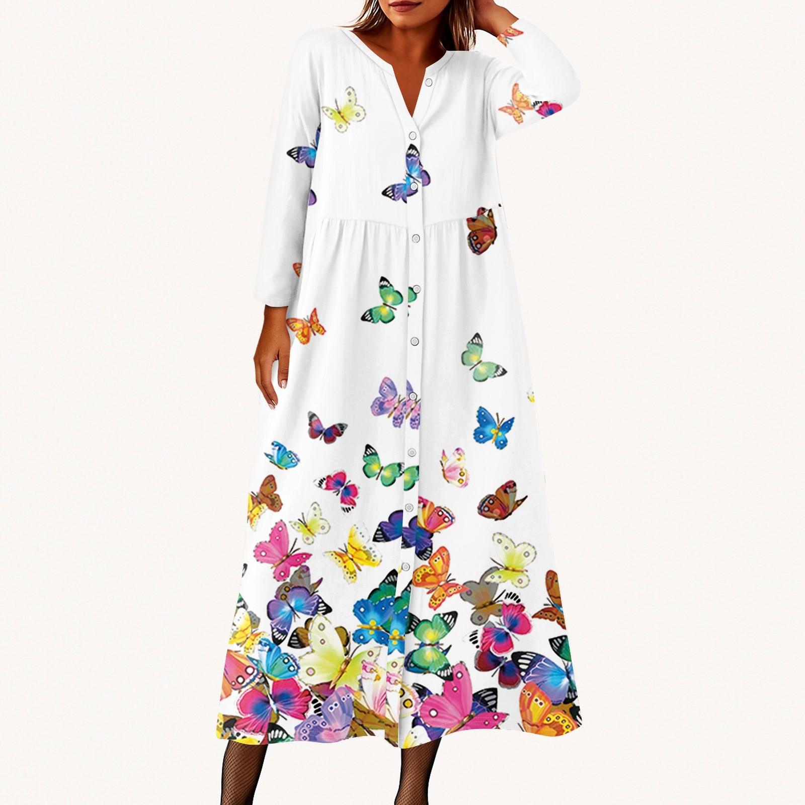 

Женское модное платье-рубашка свободного кроя с принтом, круглым вырезом и рукавами семь четвертей на пуговицах XL белый