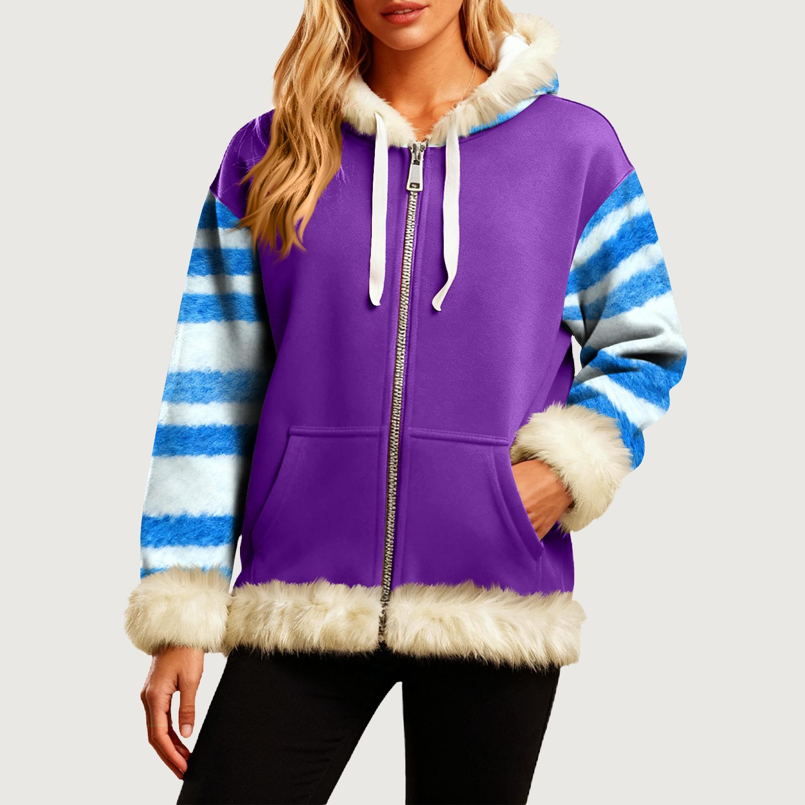 

Женская Удобная Свободная Модная Повседневная Толстовка-Куртка с Длинным Рукавом, Карманами и Капюшоном с Полосатым Принтом M фиолетовый