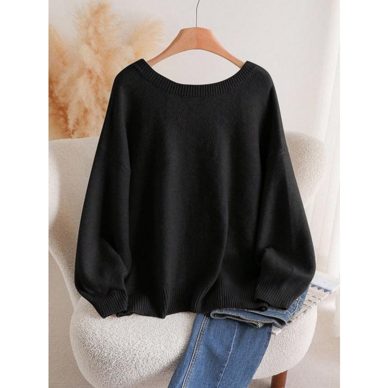 Women Loose V Neck Bow Thick Knitted Casual Sweater Outerwear