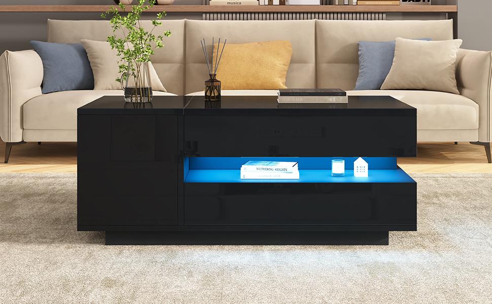 Mesa de centro elevable de 95*50*40 cm con 1 cajón, 1 armario, LED, Alto brillo, Almacenamiento oculto, Almacenamiento semiabierto, Negro