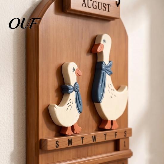 Manual Date Slider Wooden Vintage Goose Couple Perpetual Calendar, Reusable Month Blocks Farmhouse Wall Hanging Decor for Home Office Decorative