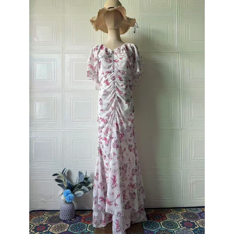 

Модный стиль Новое поступление Модный темперамент Платье с принтом с коротким рукавом Воланы Приталенное Длинное платье Платье с принтом White S