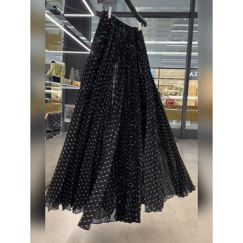 [in Stock] 2026 Autumn New Black Polka Dot High-Waisted Slimming Pleated Skirt for Women, Fairy-Like A-Line Skirt
