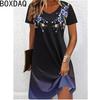 Damen Sommerkleid Kurzarm V-Ausschnitt Lässig 3D Vintage Blumen Print Elegantes A-Linien-Kleid