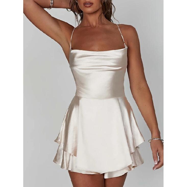 Satin Silk Women Sexy Cami Playsuits Dress Solid Cowl Neck Sleeveless Short Jumpsuits Summer Cross Tie-Up Backless Romper