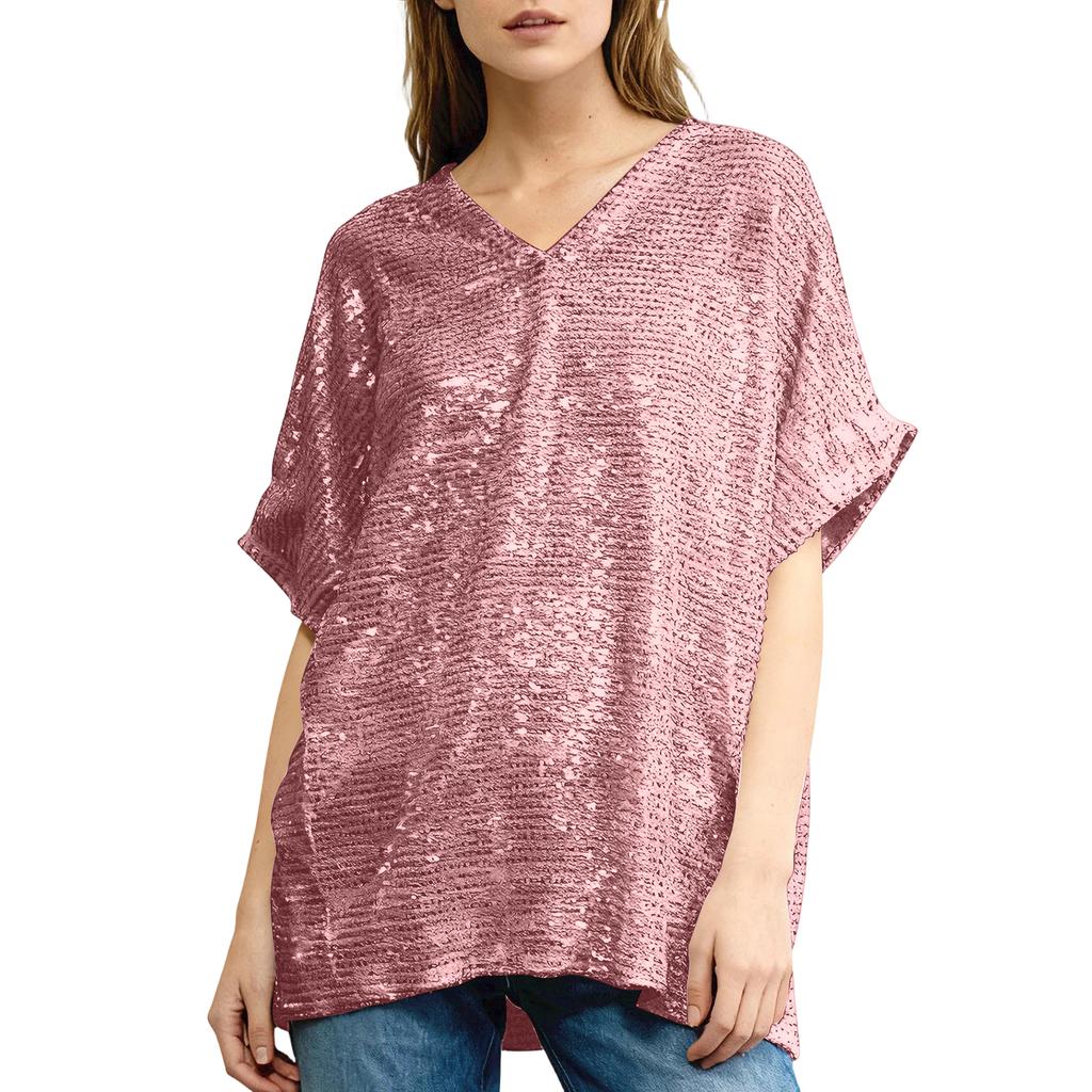 Women Sequin Short Sleeve V Neck Loose Fit Party Top Shiny Lightweight Tunic Shirt for Events Nightclub Festival