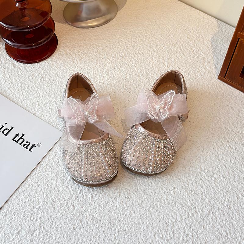 Girls Flat Shoes Mesh Lace Bows Sweet Butterfly Kids Leather Shoes Round Toes 2025 New Girls Princess Shoes Non-slip Pearl Sweet