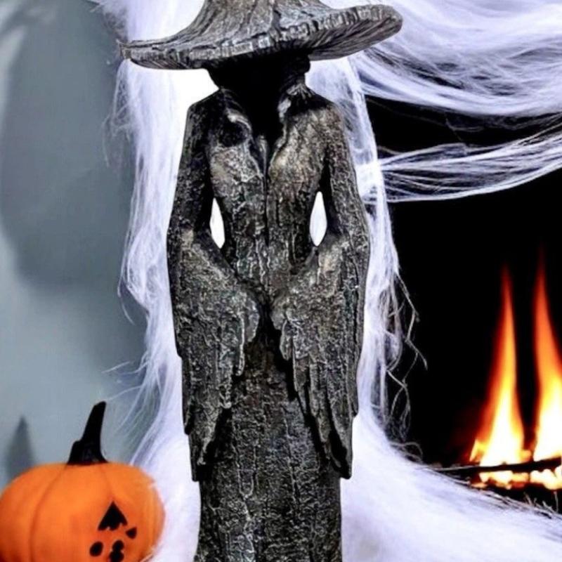 Halloween Witch Statue Tree Root Witch Figurine Sculpture Desktop Witch Decor Ornament Resin Home Office Party Decoration