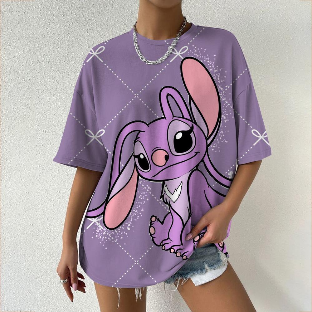 Kawaii Women's T-shirt Disney Lilo&Stitch Casual Y2k T-shirt Round Neck Short Sleeved T-shirt 2025 Summer Women's Clothing