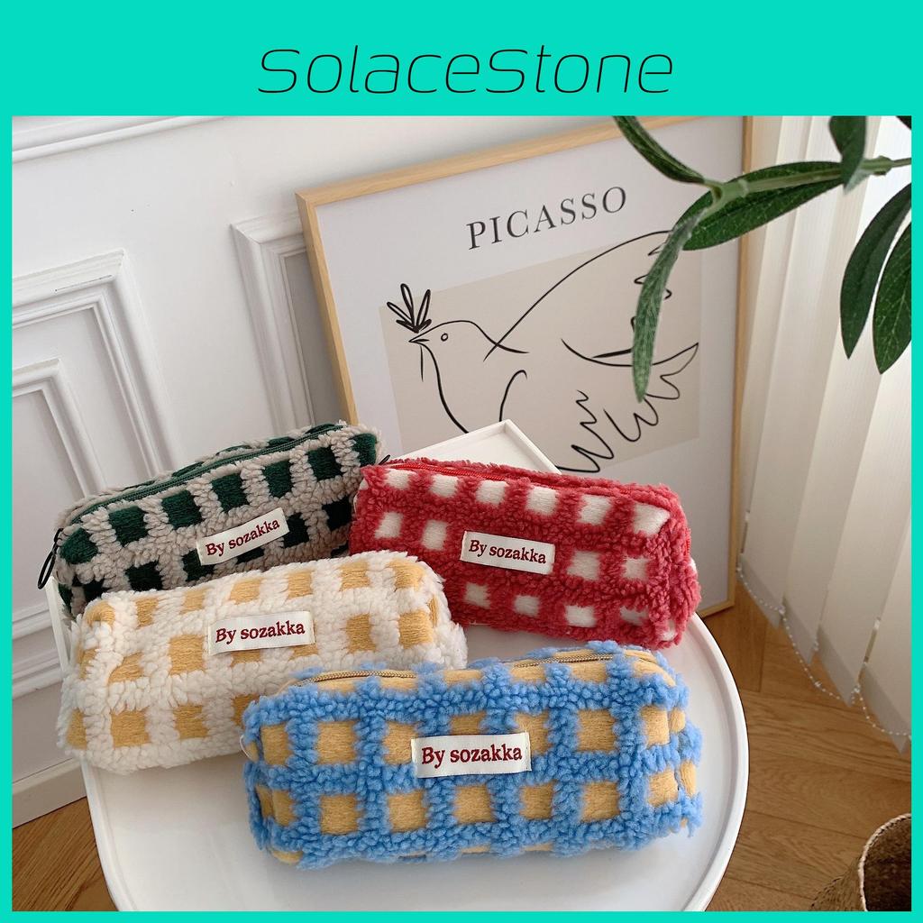 Grid Simple Plush Design Large Capacity Stationery Storage Bag For School