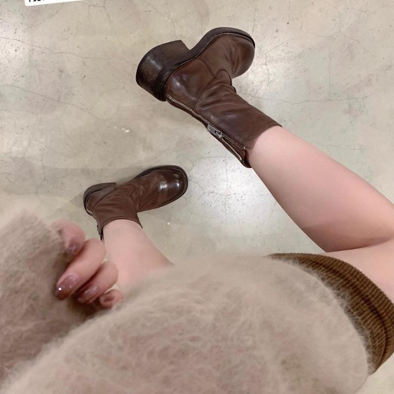 Shoes Retro Leather Square Head Rear Zipper Thick Heel Thin Boots Women's Short Boots Autumn and Winter