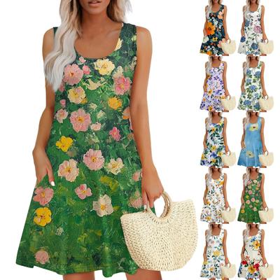 Robe gilet décontractée à col en U et imprimé floral rétro pour femme avec poches latérales