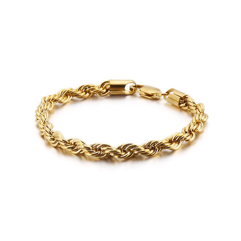 Herren 18k Vergoldetes Gedrehtes Seil Armband, 6mm Edelstahl, Schmuck im Hip-Hop-Stil.