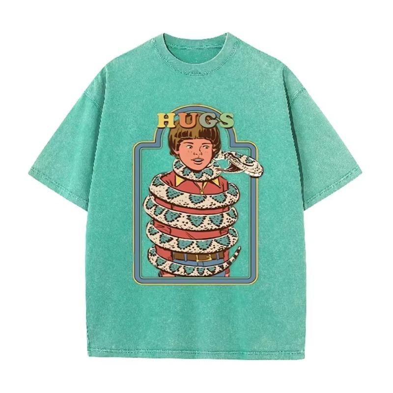 Vintage "Hugs" Snake Boy Print Washed Brown Retro Funny Casual T Shirt