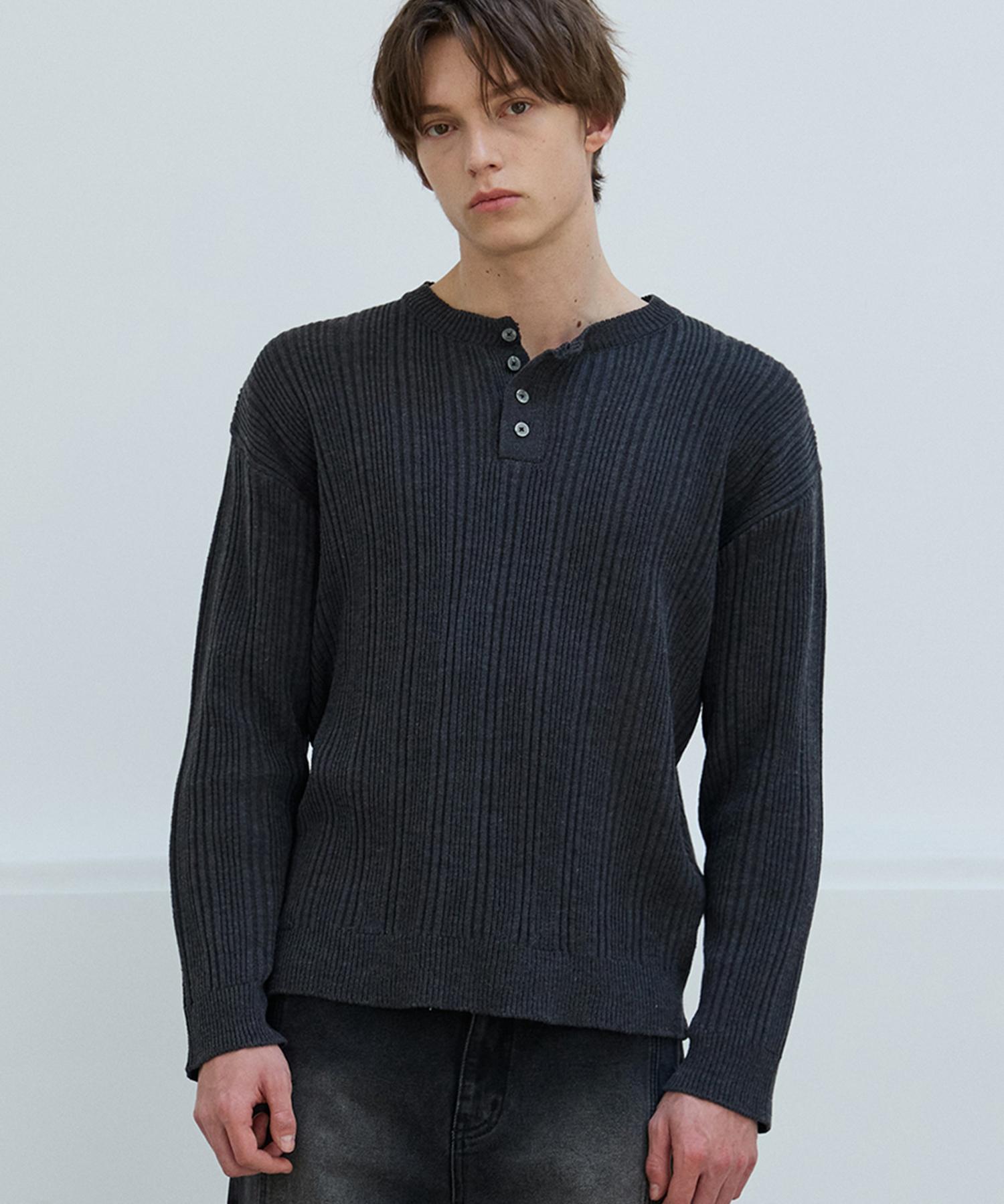 Nod You Light Ribbed Henley Neck Knit T-Shirt [Charcoal] M